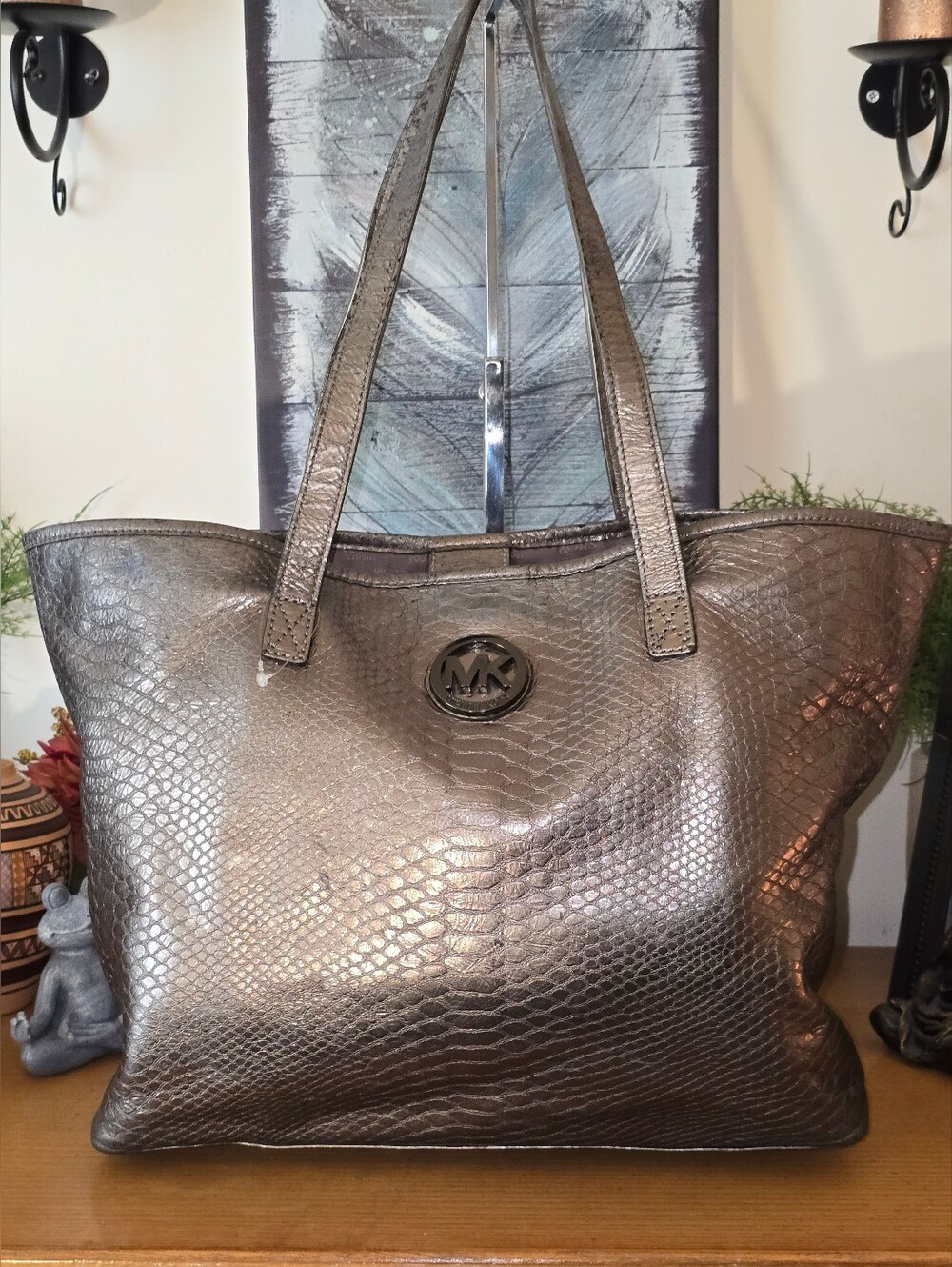 MICHAEL Michael Kors XL Pewter Tote With Gunmetal Hardware. GUC